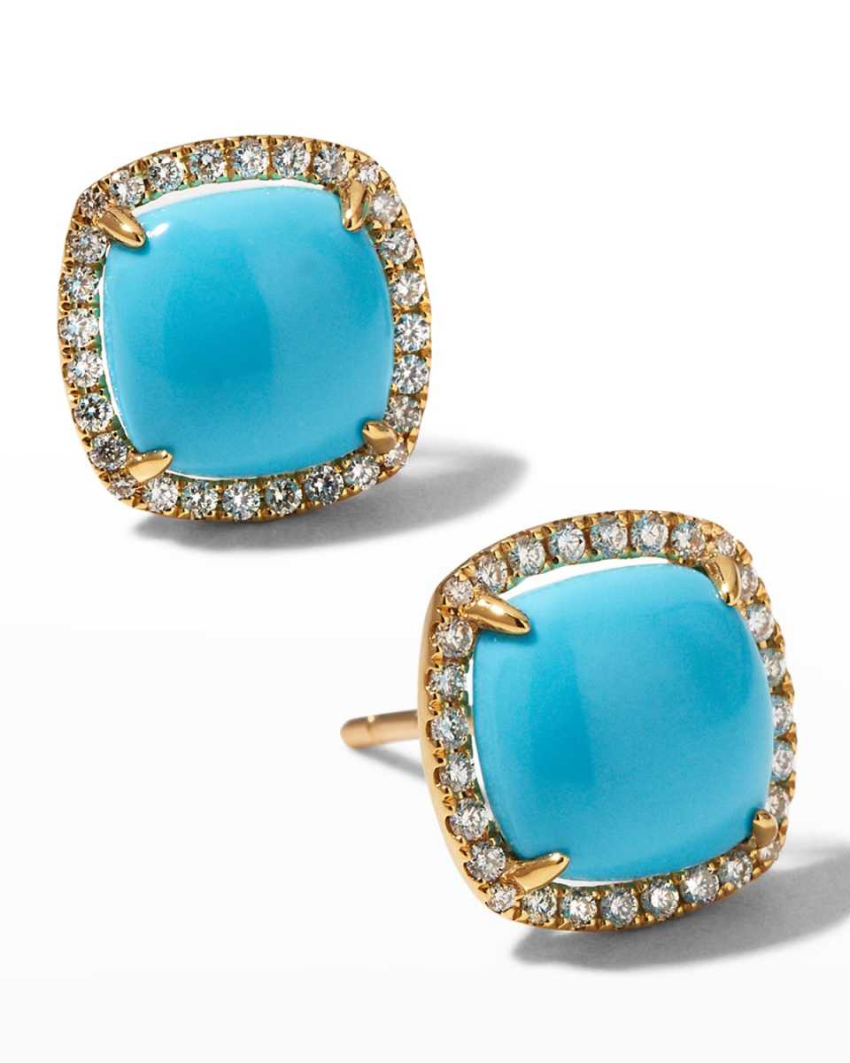 18K Yellow Gold Cushion Cabochon Stud Earrings with Diamonds and Turquoise
